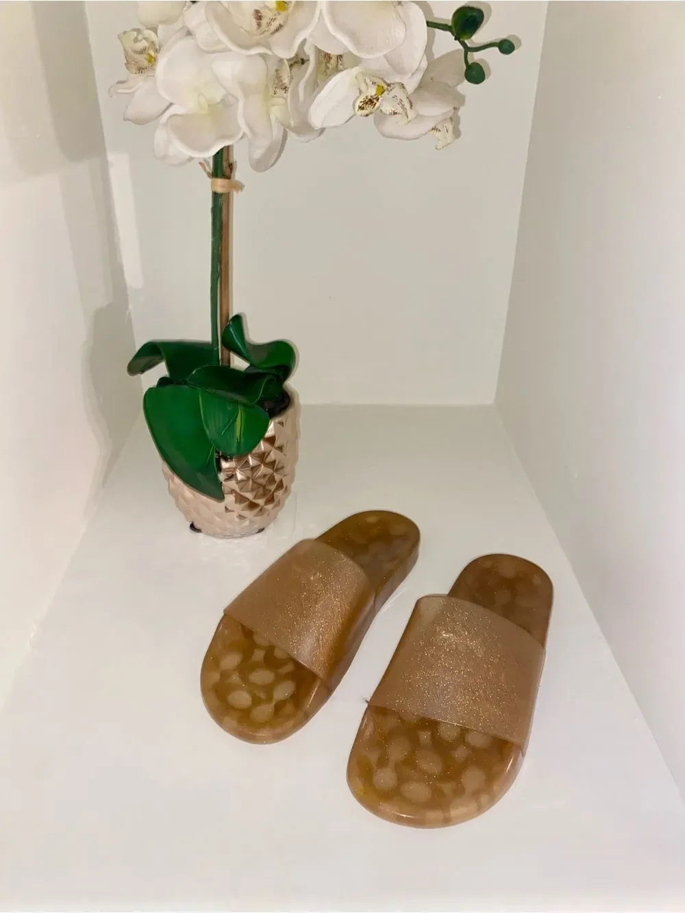 Coach Sandals Ulyssa Slides Gold Glitter Jelly Beach Pool Vacation Size 9